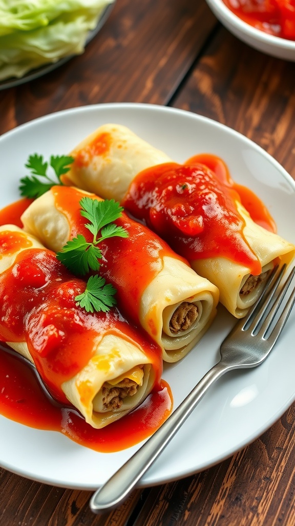 Savory stuffed cabbage rolls with tomato sauce on a rustic plate.